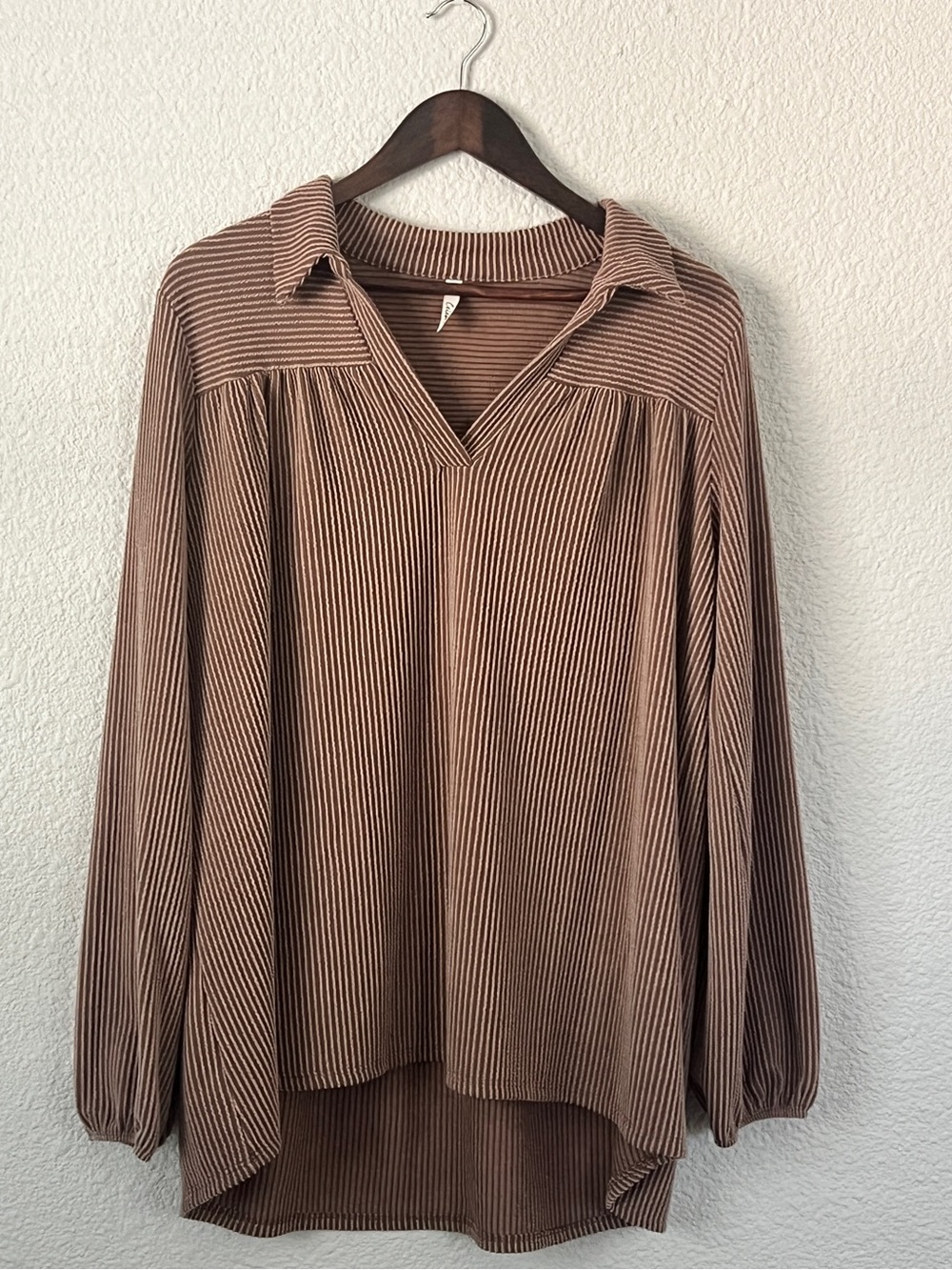 Celeste Mocha Ribbed Collared V Neck High Low Tunic Top